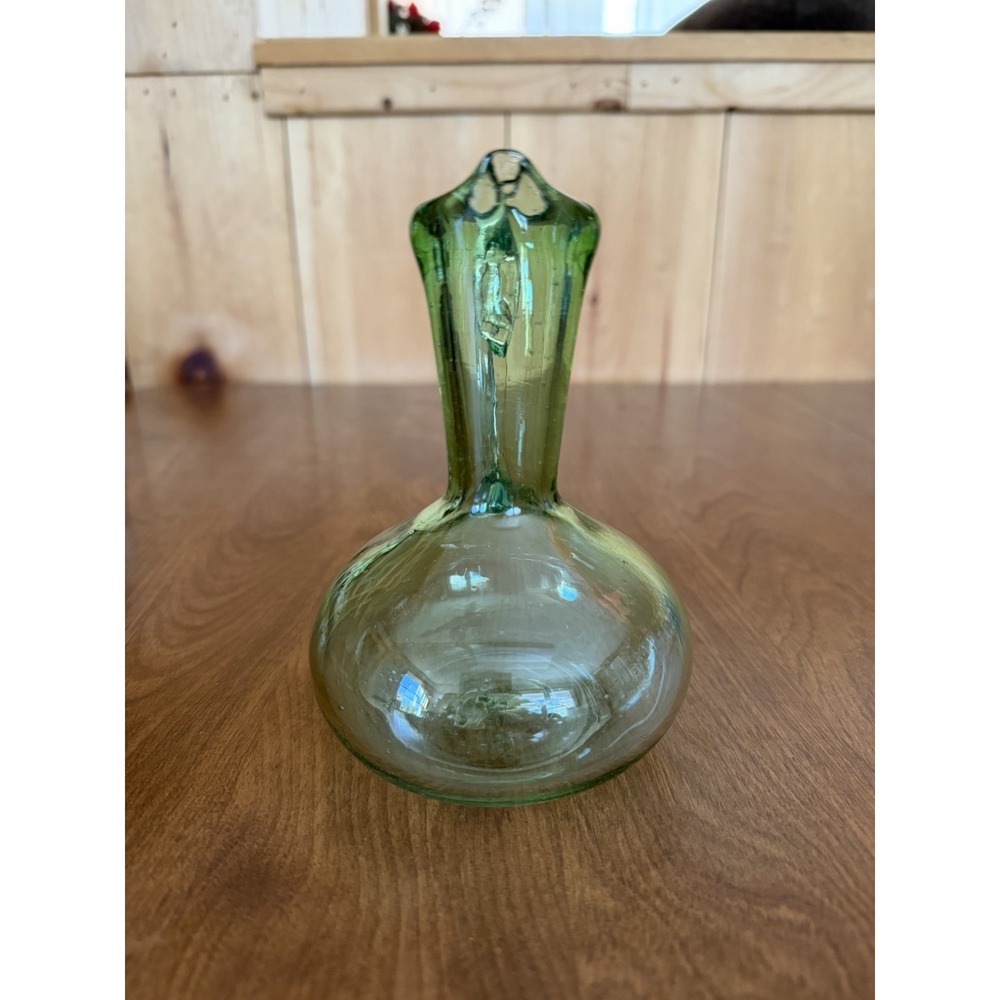 Hand Blown Vtg Lt Green Glass Applied Clear Handle‎ Cruet With Pontil 5" Bubbles - Picture 6 of 8